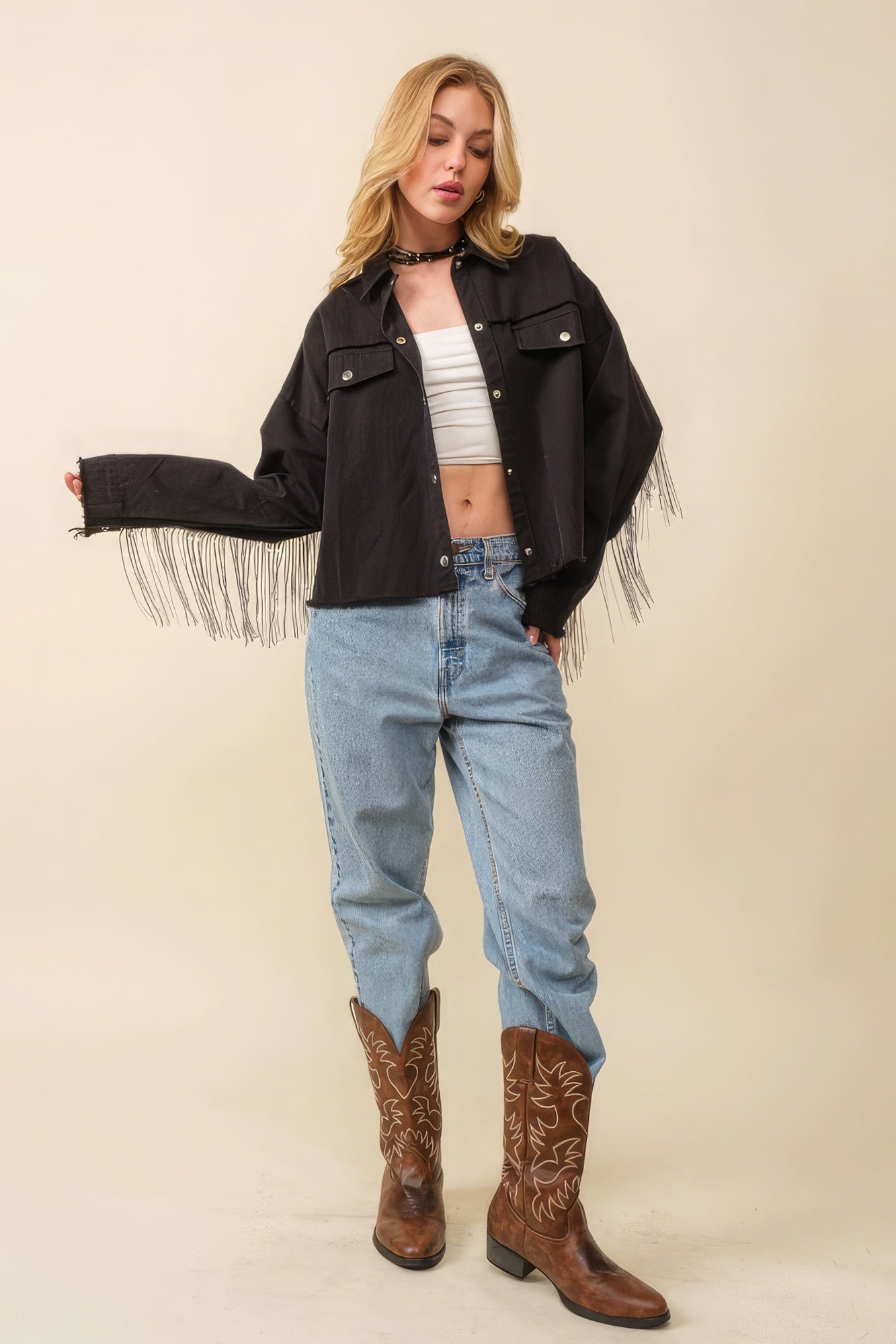 Howdy Sequin Fringe And Star Patches Jacket - lolaluxeshop