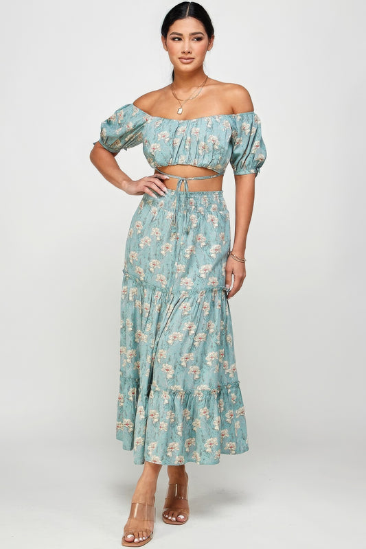 Floral Off Shoulder Sleeve Back Tie Top Skirt Set - lolaluxeshop