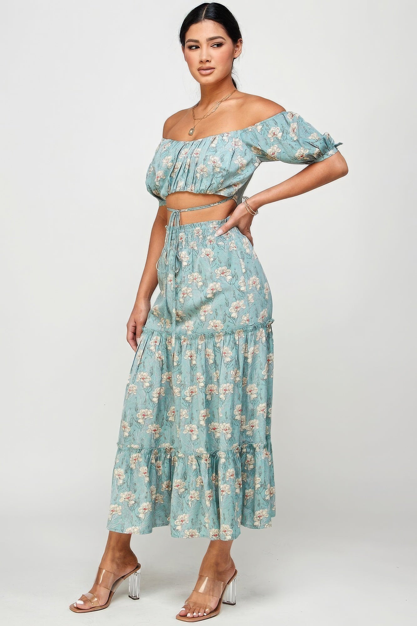 Floral Off Shoulder Sleeve Back Tie Top Skirt Set - lolaluxeshop