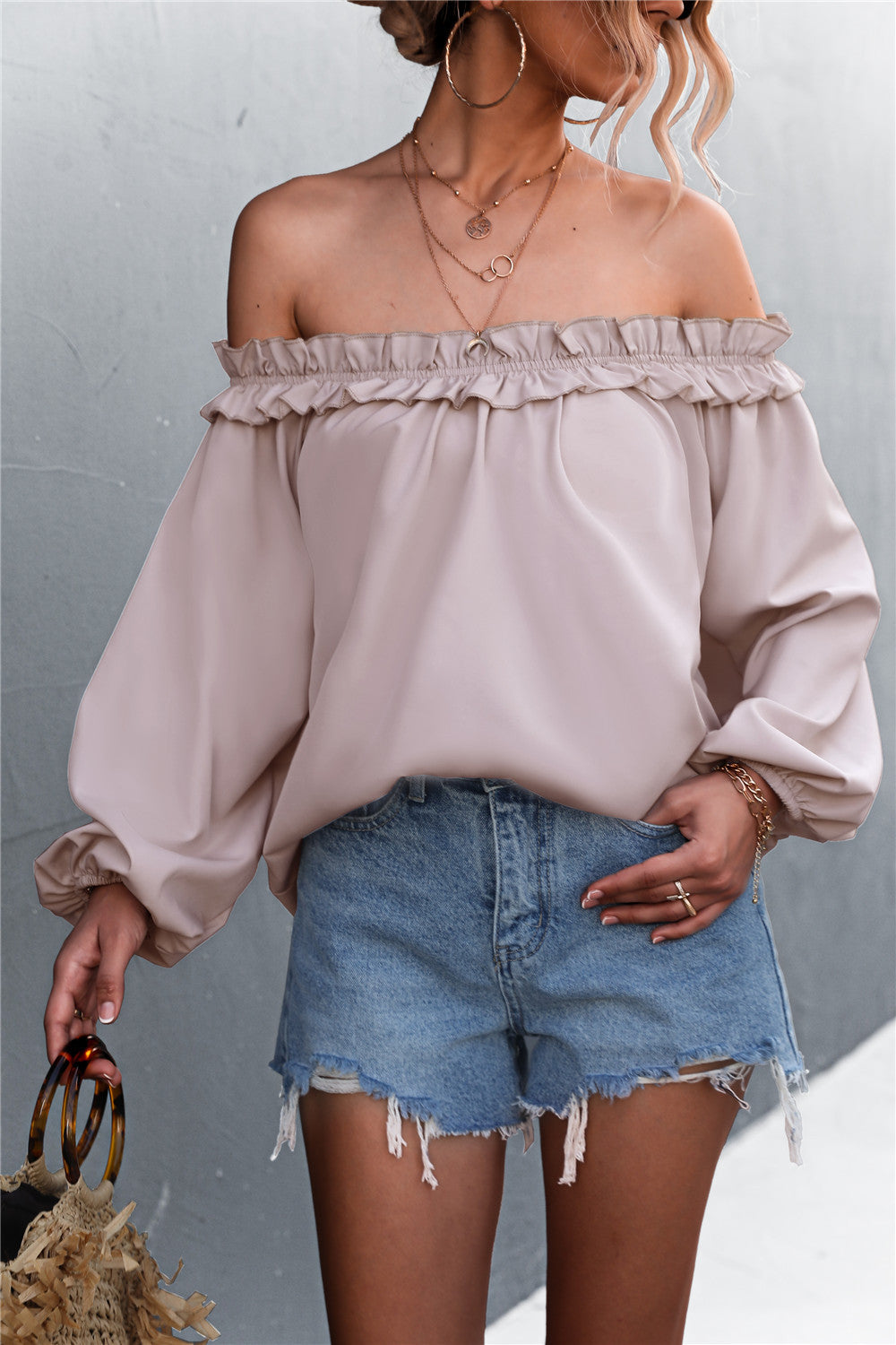 Frill Trim Off-Shoulder Balloon Sleeve Top - LOLA LUXE