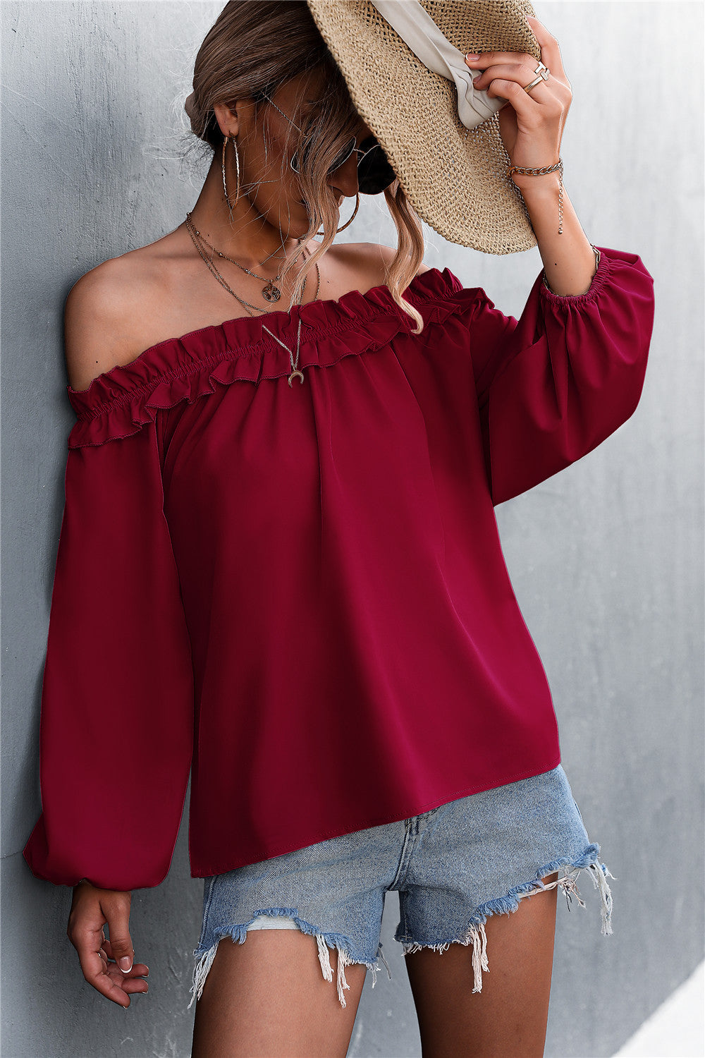 Frill Trim Off-Shoulder Balloon Sleeve Top - LOLA LUXE