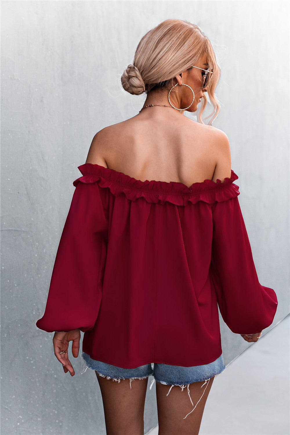 Frill Trim Off-Shoulder Balloon Sleeve Top - LOLA LUXE