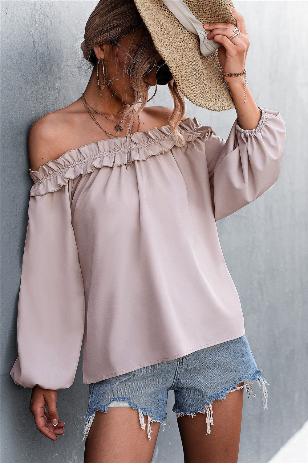 Frill Trim Off-Shoulder Balloon Sleeve Top - LOLA LUXE