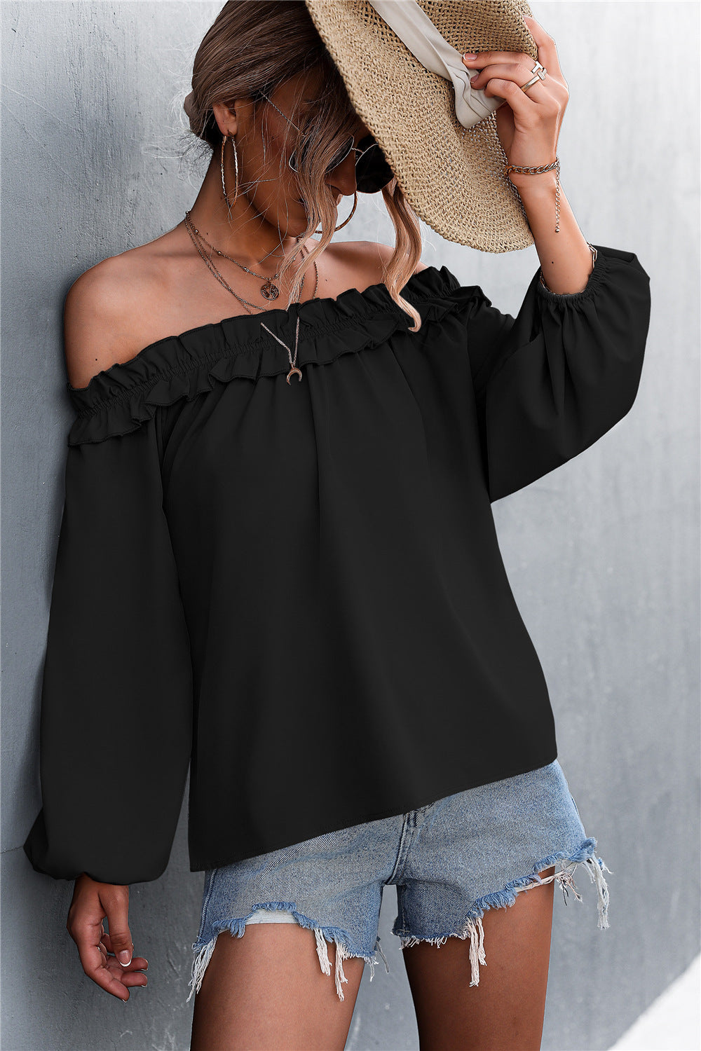 Frill Trim Off-Shoulder Balloon Sleeve Top - LOLA LUXE