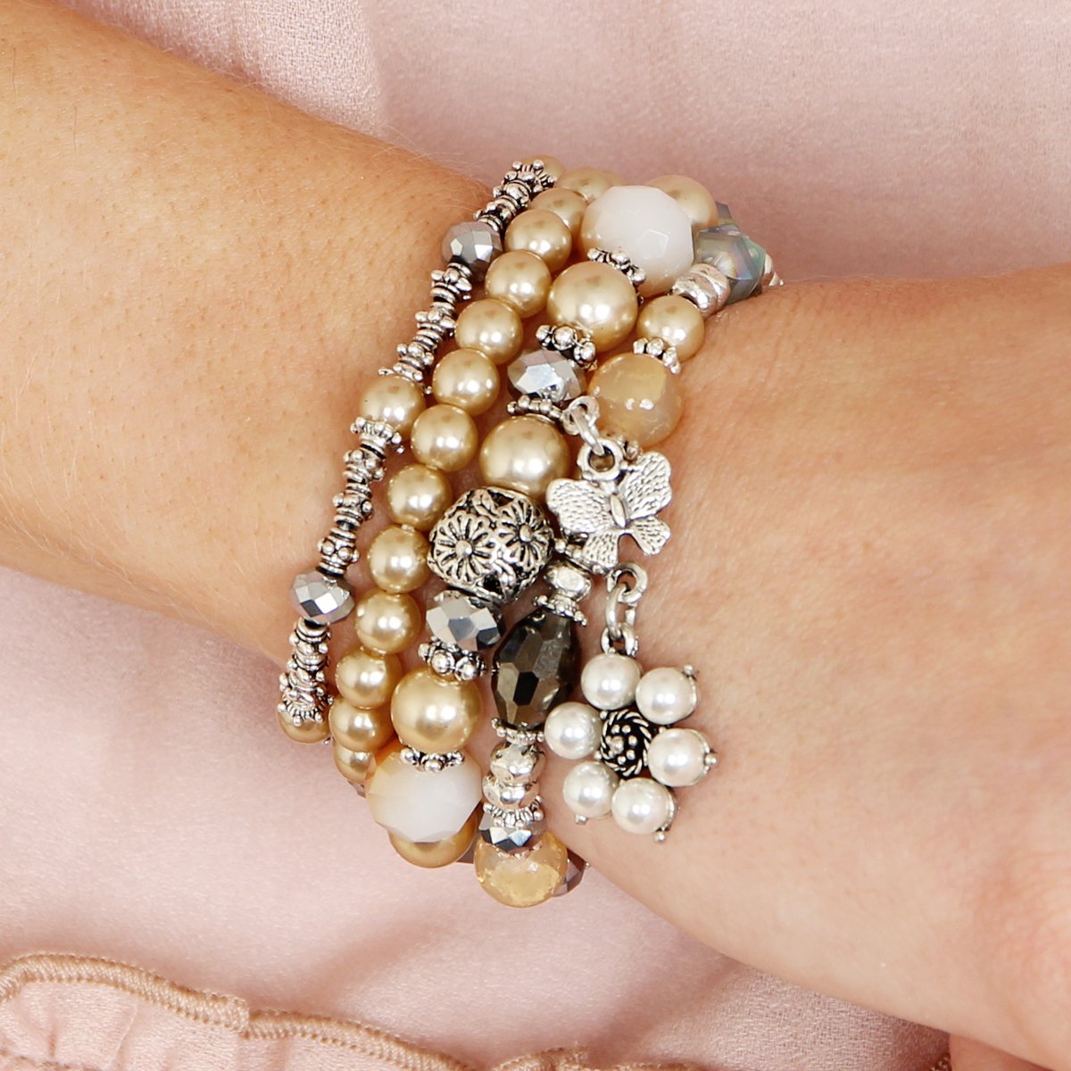 Hdb2076 - Butterfly Pearl Classy Stackable Bracelet - LOLA LUXE