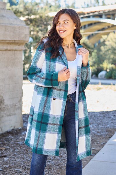 Double Take Full Size Plaid Button Up Lapel Collar Coat - lolaluxeshop