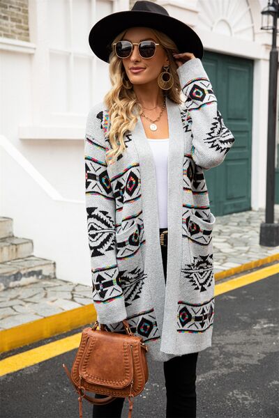 Pocketed Geometric Open Front Dropped Shoulder Cardigan - lolaluxeshop