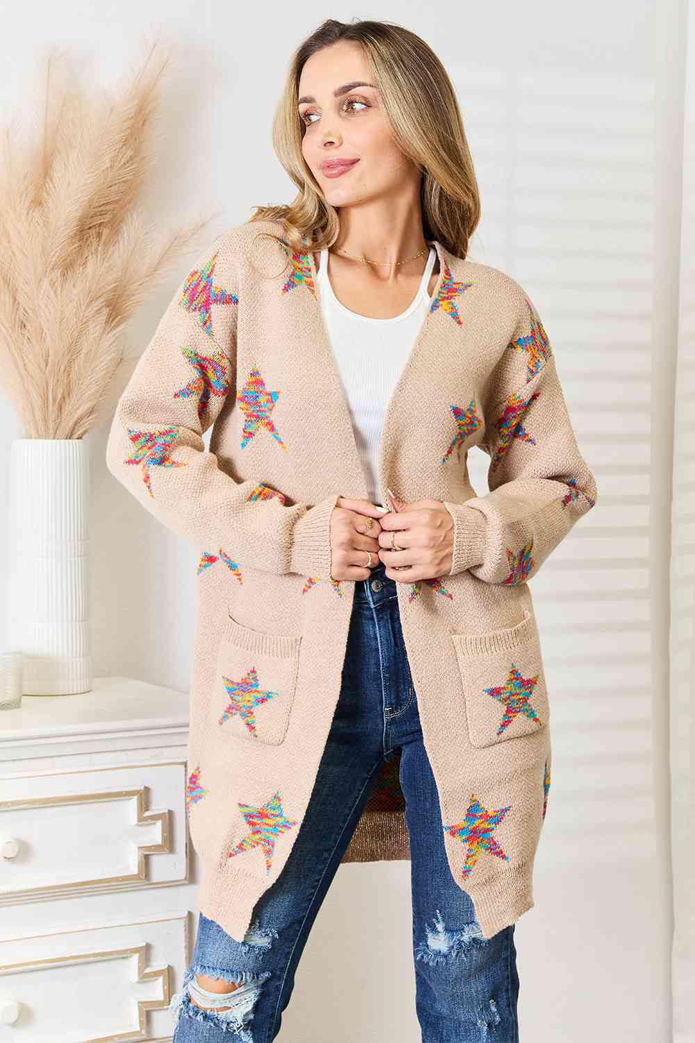 Double Take Star Pattern Open Front Longline Cardigan - lolaluxeshop