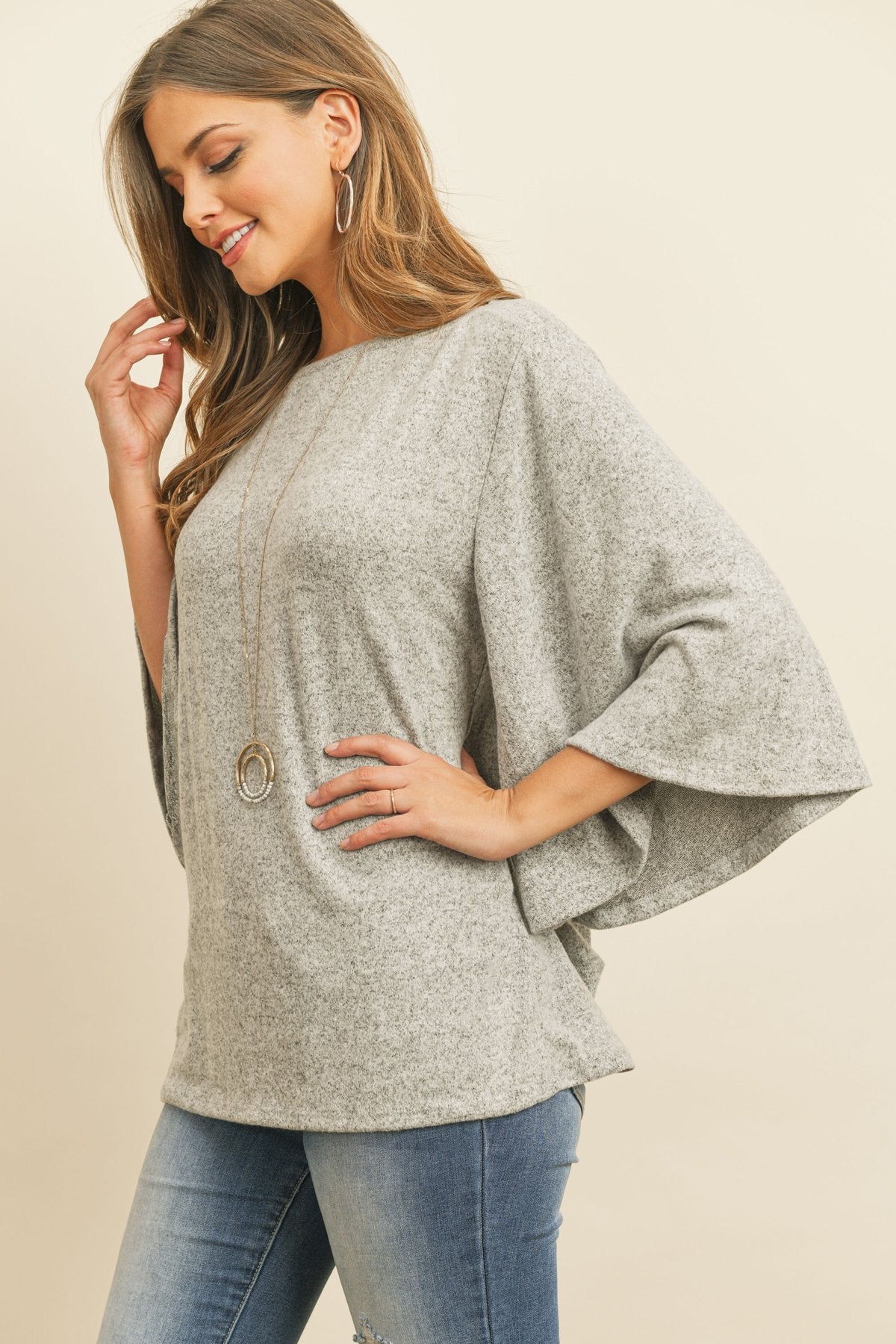 Boat Neck Bell Sleeve Solid Hacci Brushed Top - LOLA LUXE