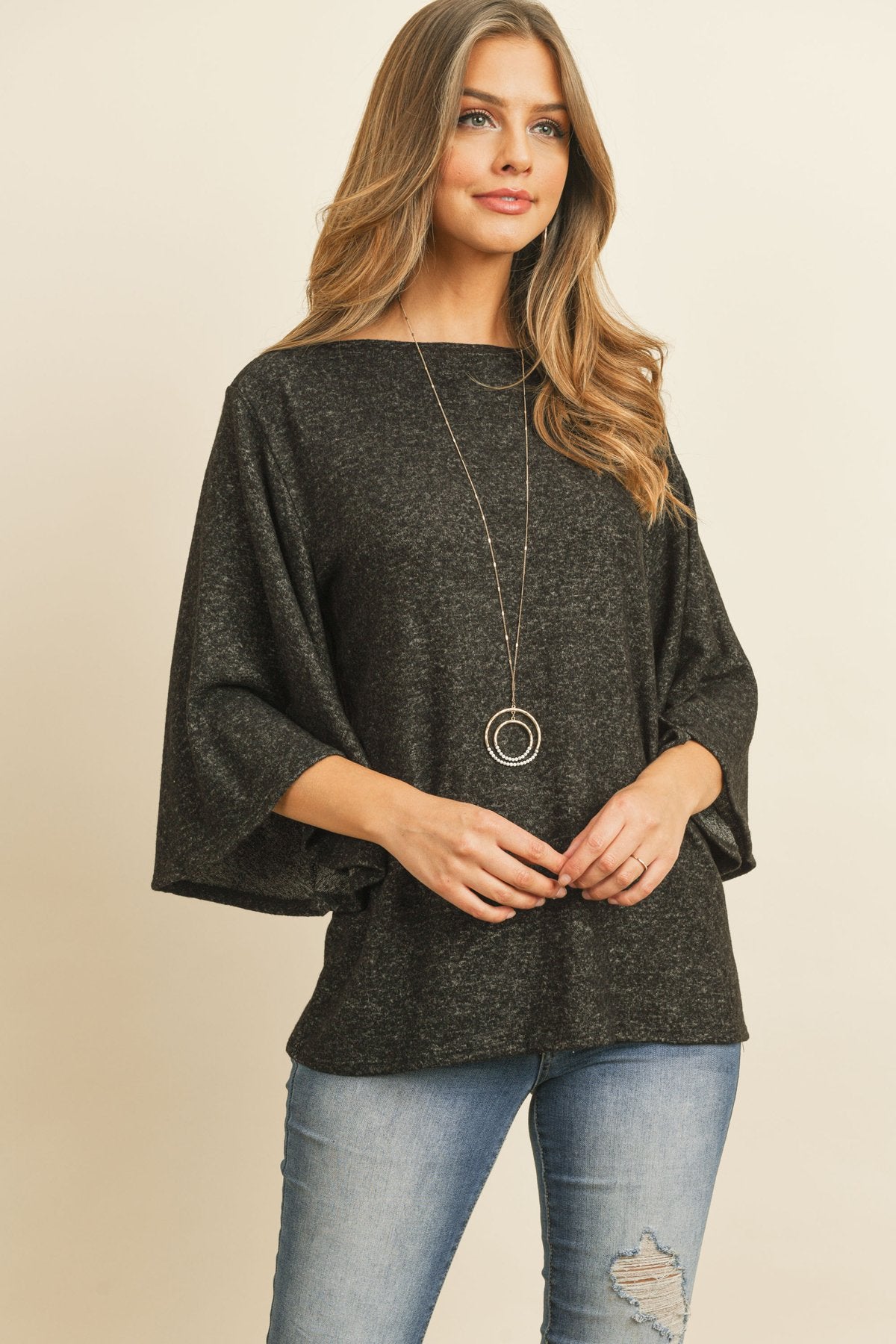 Boat Neck Bell Sleeve Solid Hacci Brushed Top - LOLA LUXE