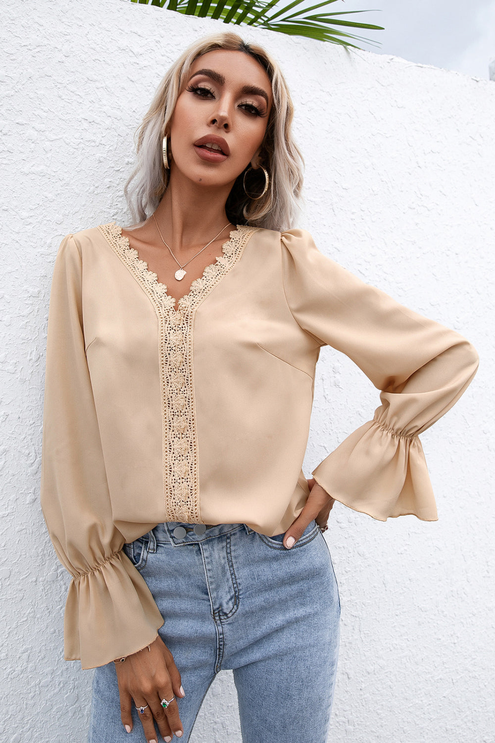 Lace Trim Flounce Sleeve Blouse - LOLA LUXE