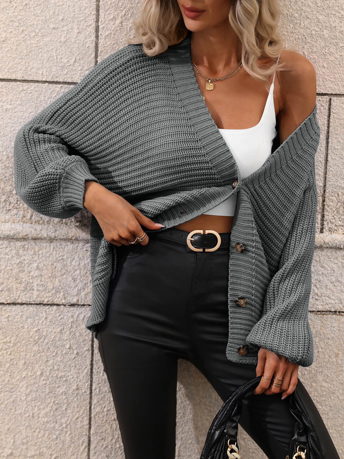 Button Down Horizontal-Ribbing Longline Cardigan - LOLA LUXE