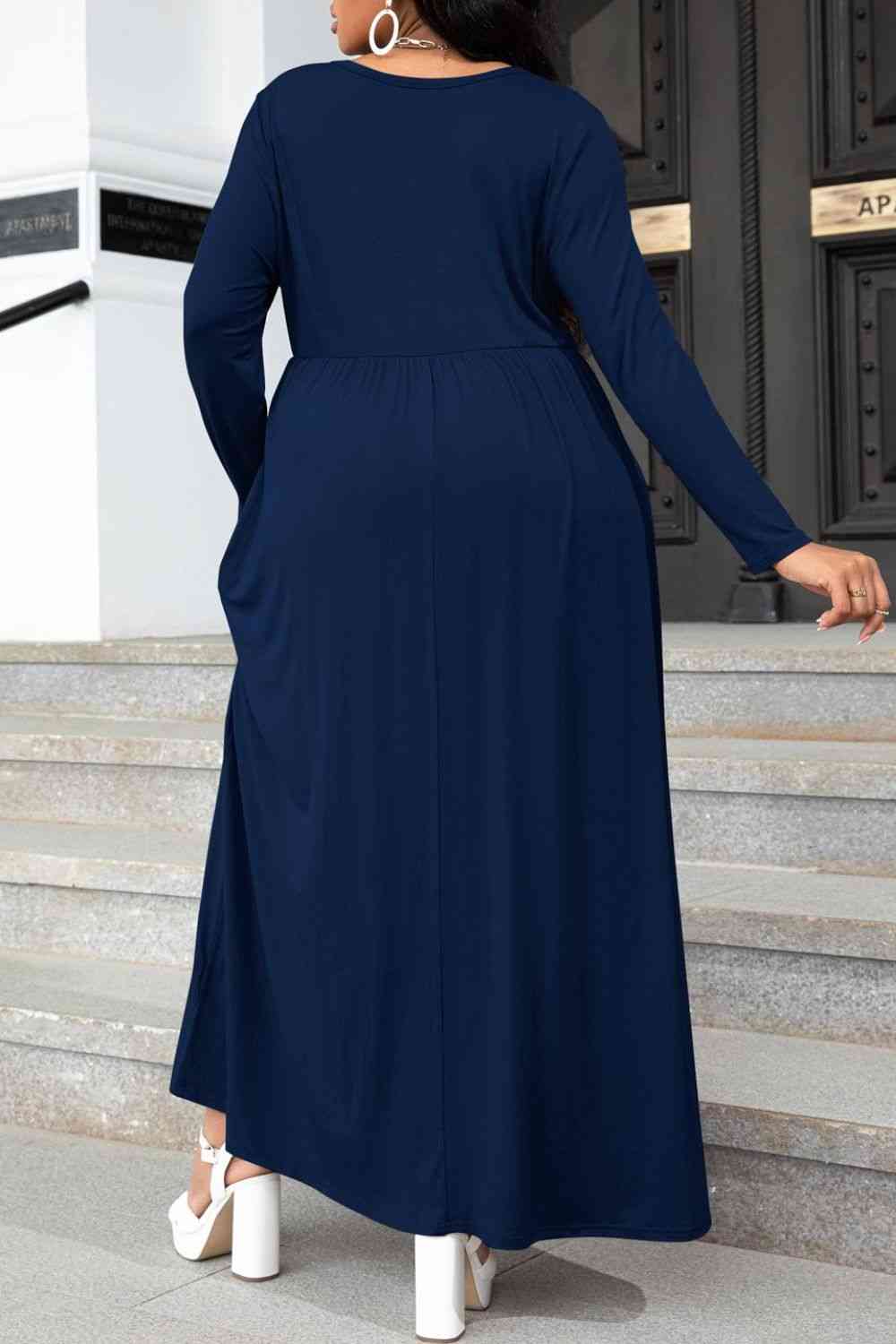 Plus Size Round Neck Long Sleeve Maxi Dress with Pockets - lolaluxeshop