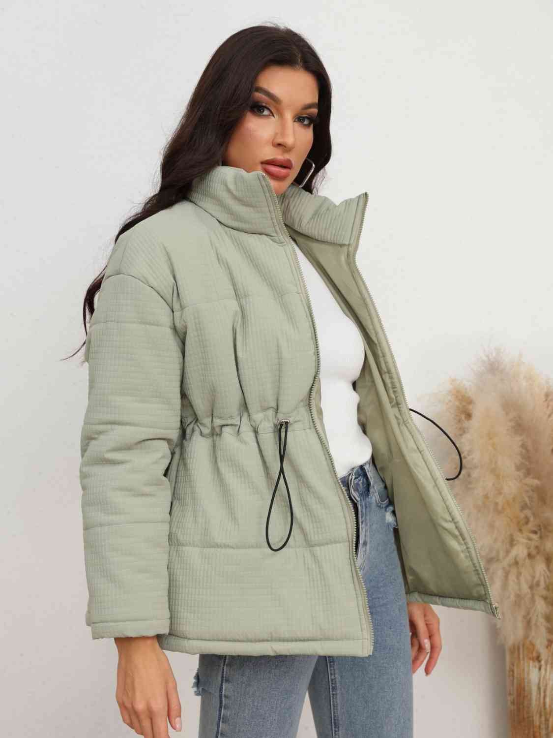 Drawstring Waist Zip-Up Puffer Jacket - lolaluxeshop