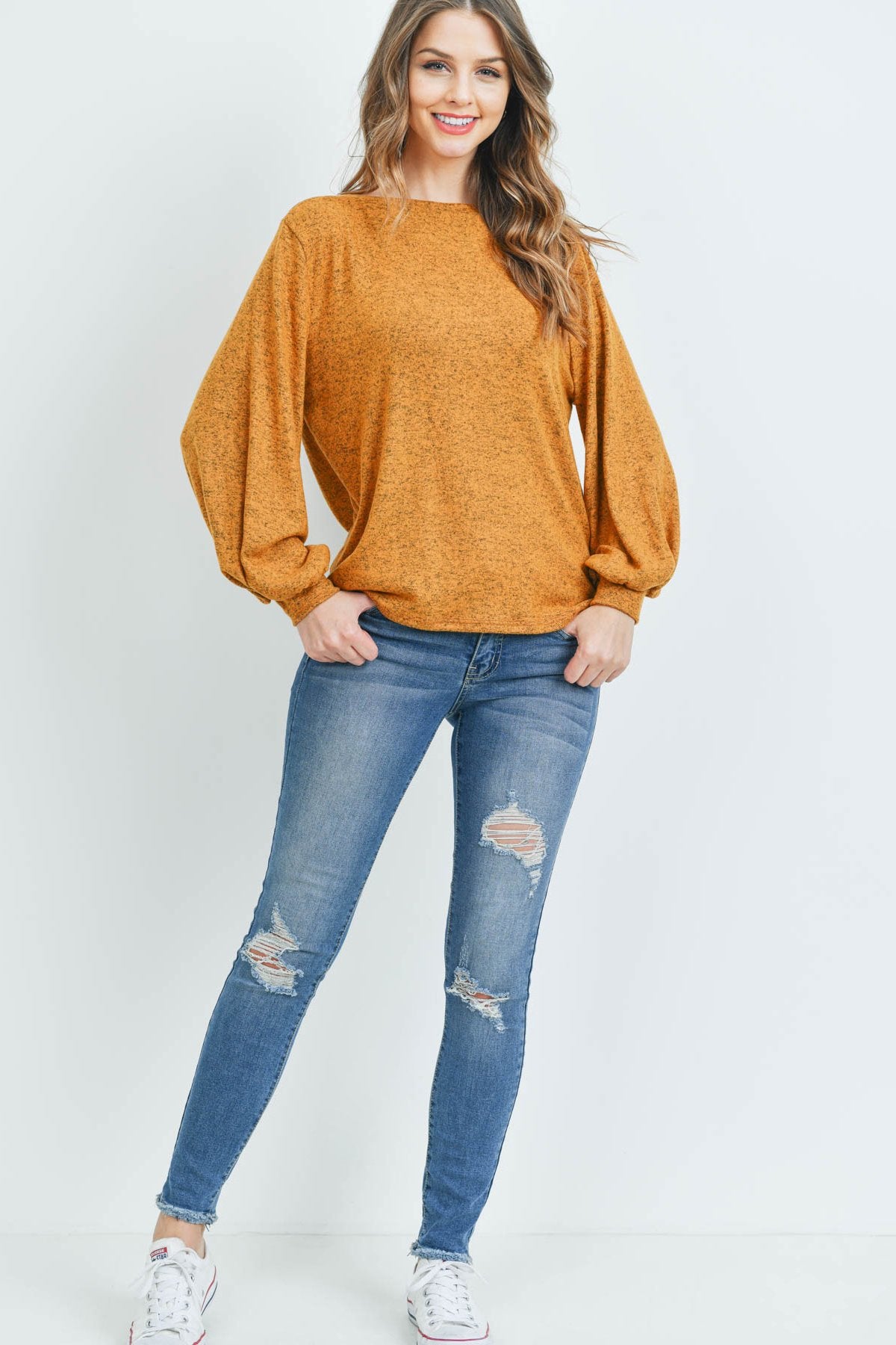 Puff Sleeved Boat Neck Two Toned Brushed Hacci Top - LOLA LUXE