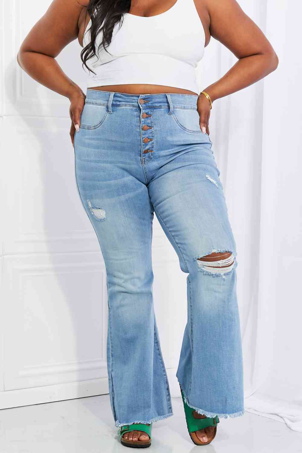 Vibrant MIU Full Size Jess Button Flare Jeans - lolaluxeshop