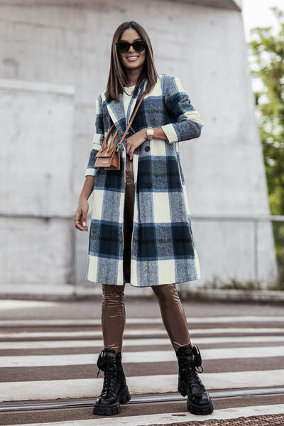 Double Take Full Size Plaid Button Up Lapel Collar Coat - lolaluxeshop