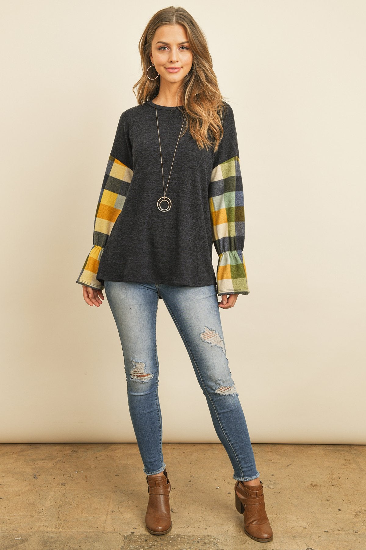 Plaid Bell Sleeves Mier Sweater - LOLA LUXE