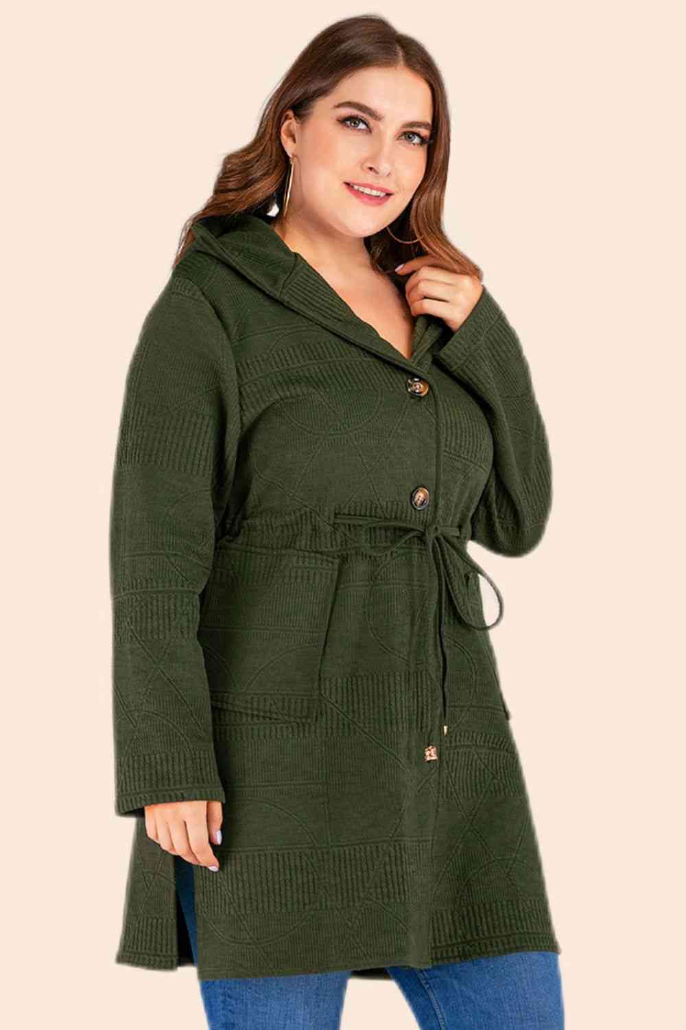 Plus Size Drawstring Waist Hooded Cardigan with Pockets - lolaluxeshop