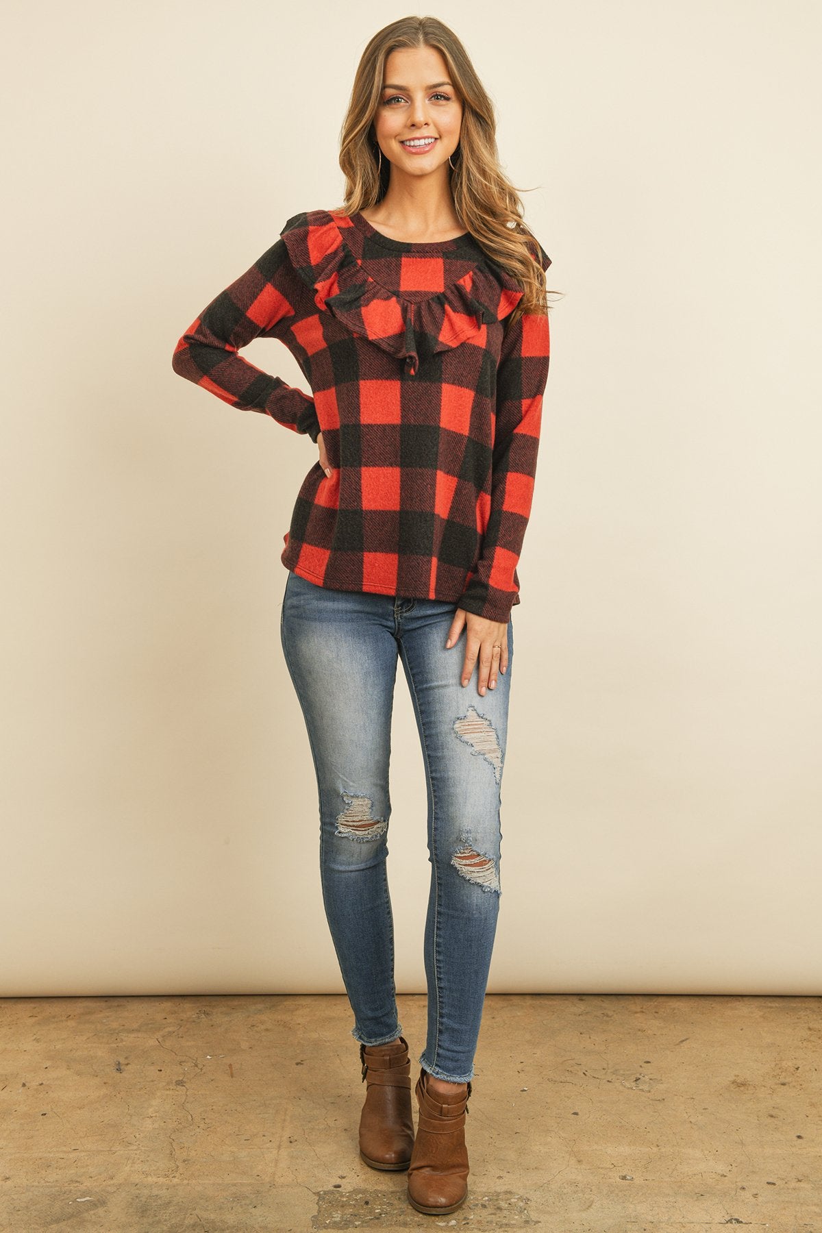 V-Shaped Brushed Plaid Ruffle Detail Long Sleeve Top - LOLA LUXE