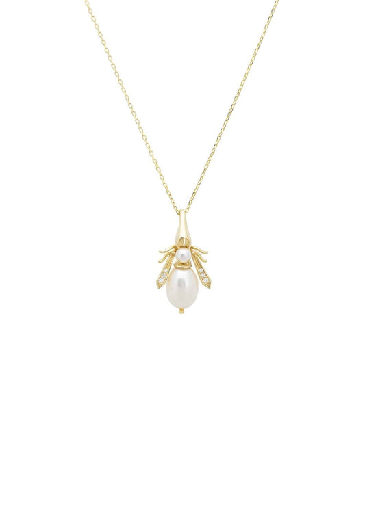 Pearl Gemstone Bee Pendant Necklace Gold - lolaluxeshop