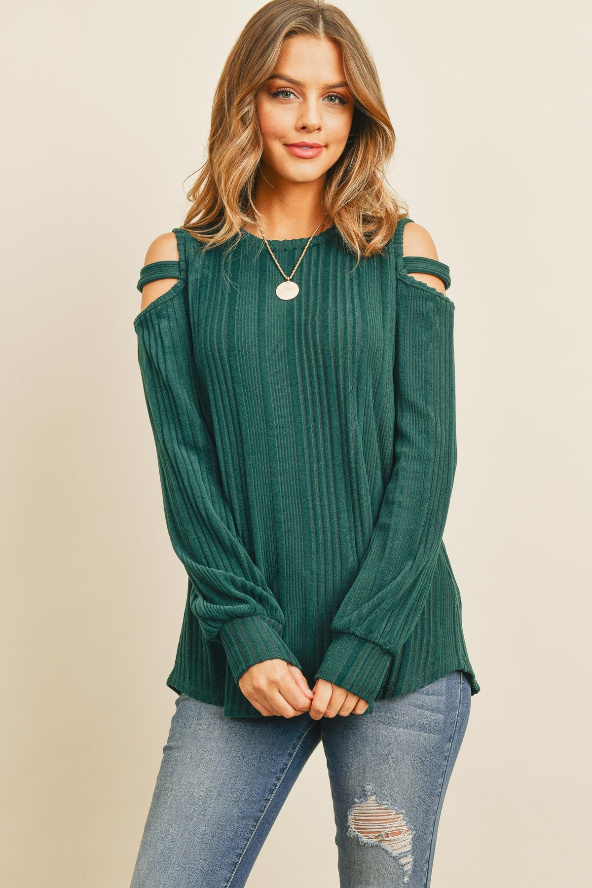 Ladder Open Should Long Sleeved Rib Detail Top - LOLA LUXE