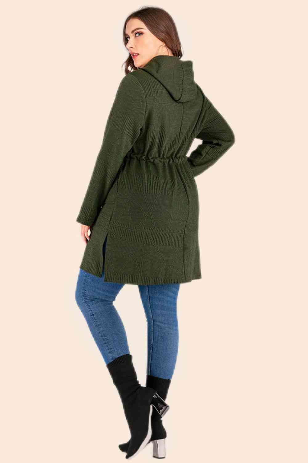 Plus Size Drawstring Waist Hooded Cardigan with Pockets - lolaluxeshop