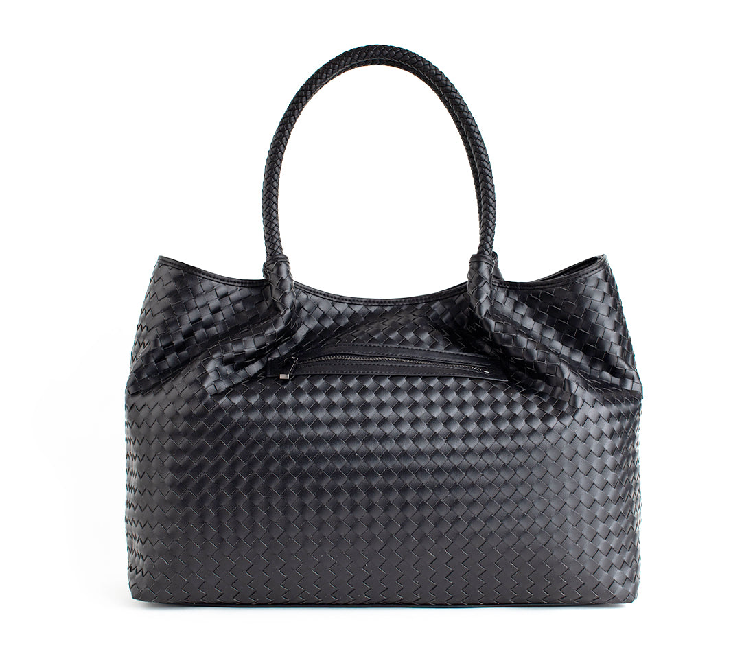 Naomi - Black Woven Vegan Leather Tote Bag - lolaluxeshop