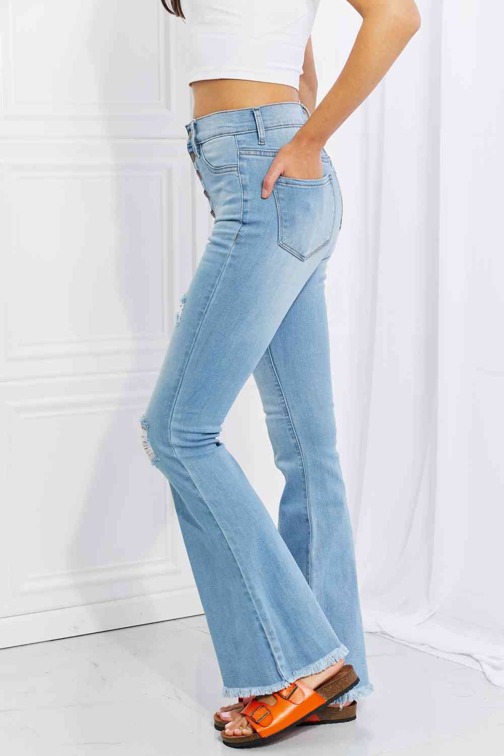 Vibrant MIU Full Size Jess Button Flare Jeans - lolaluxeshop