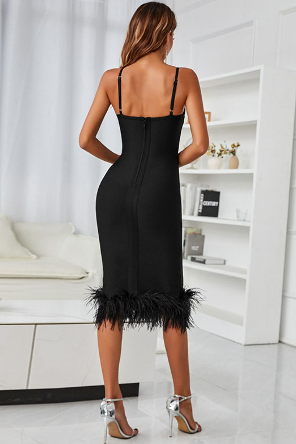 Spaghetti Strap Feather Trim Bodycon Dress - LOLA LUXE