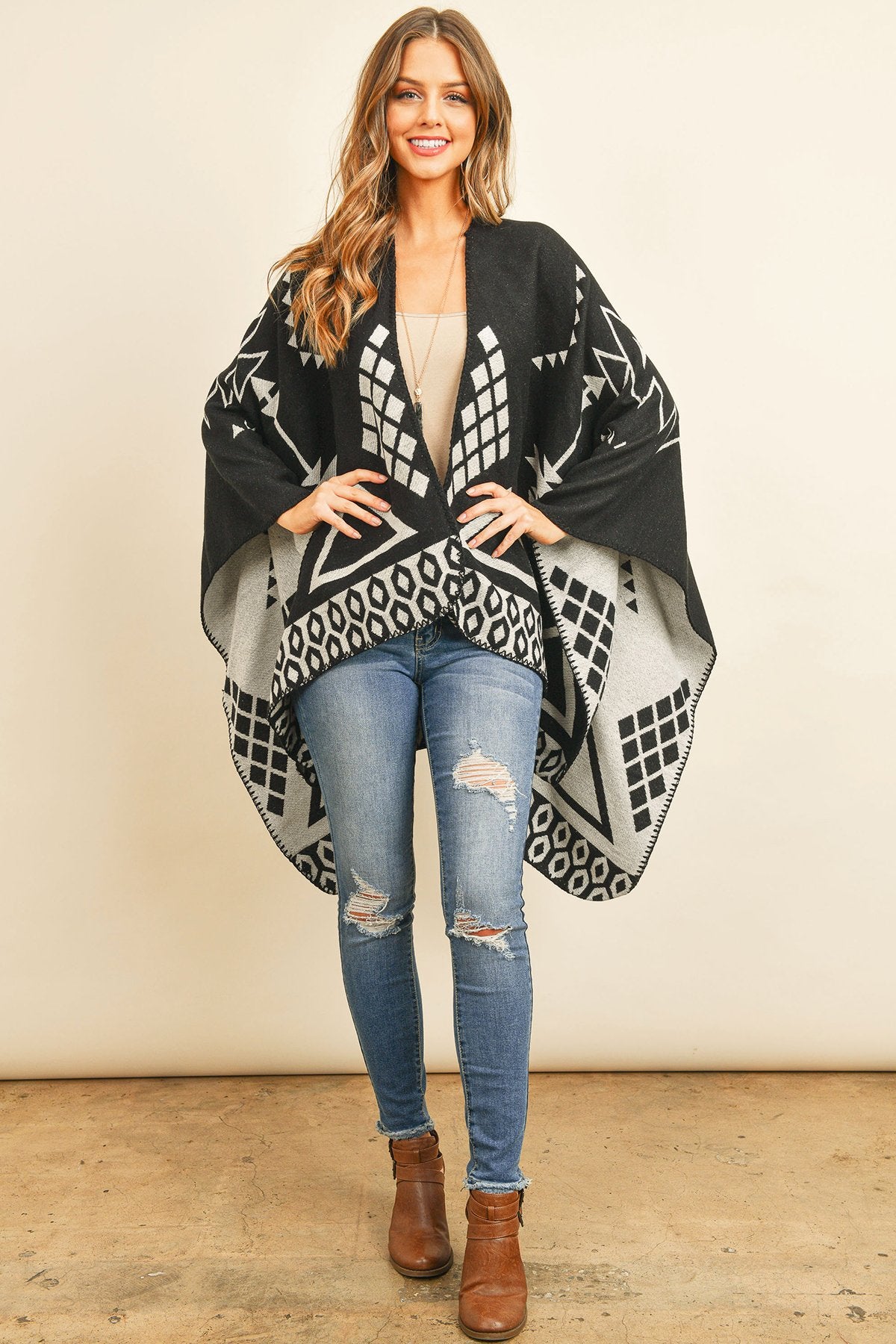 Hdf3153 - Triangle Pattern Open Front Kimono - LOLA LUXE