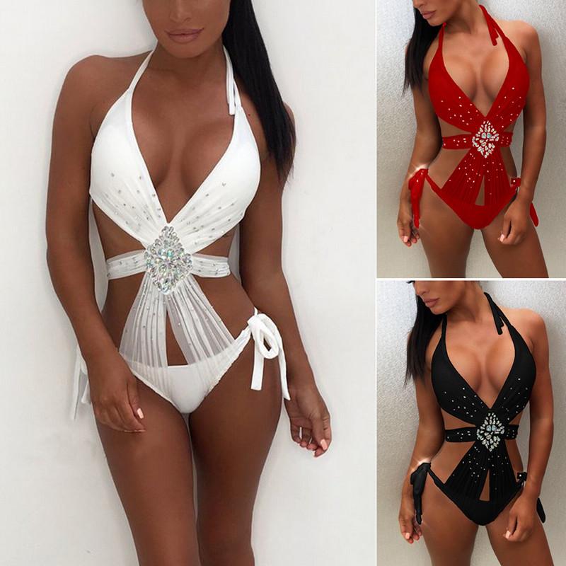 Women Sequin Rhinestone One Piece Summer Sexy Crystal Diamond Push-Up Bikini Set Swimsuit Swimwear BAthing Suit Halter B - LOLA LUXE