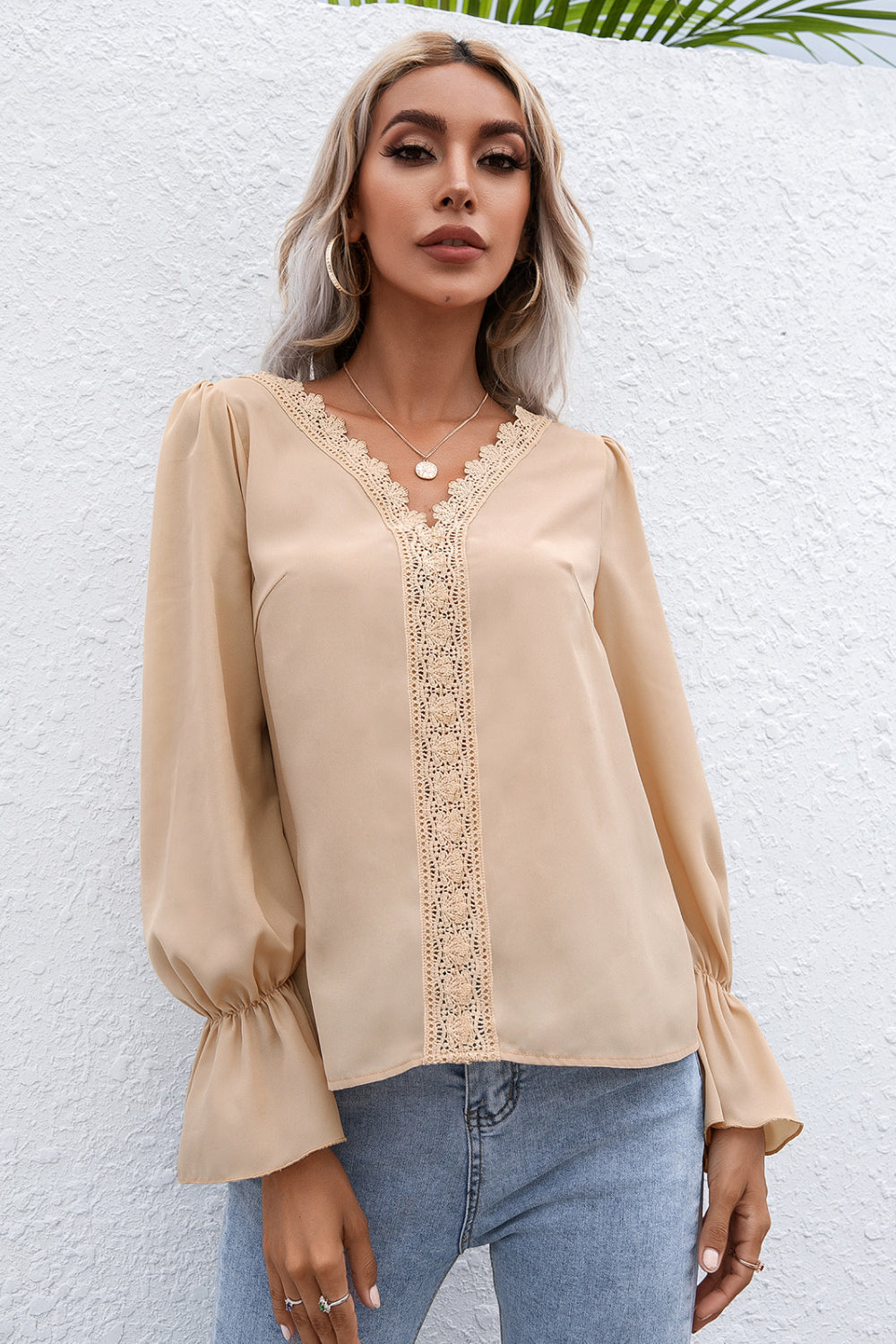 Lace Trim Flounce Sleeve Blouse - LOLA LUXE