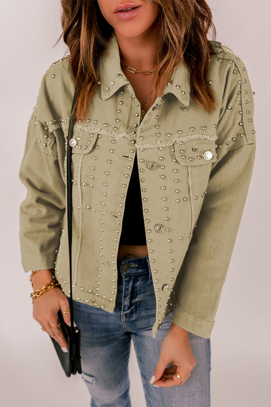 Frayed Trim Rivet Denim Jacket - LOLA LUXE