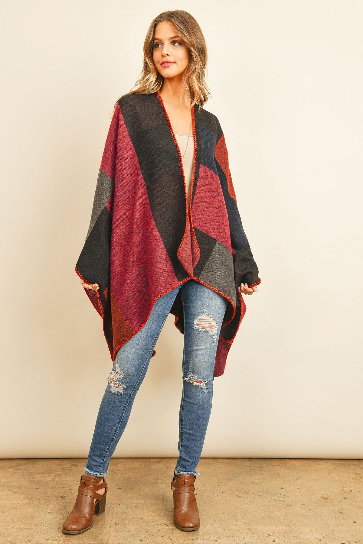 Hdf3151bu - Burgundy Plaid Open Front Kimono - LOLA LUXE