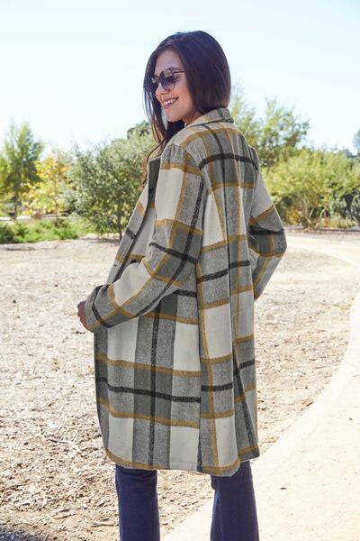 Double Take Full Size Plaid Button Up Lapel Collar Coat - lolaluxeshop