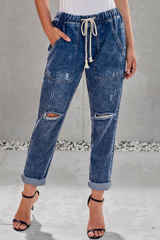 Drawstring Denim Joggers - LOLA LUXE