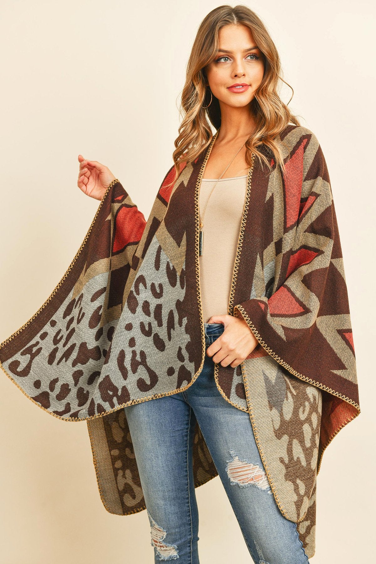 Hdf3147 - Chevron Leopard Open Front Kimono - LOLA LUXE