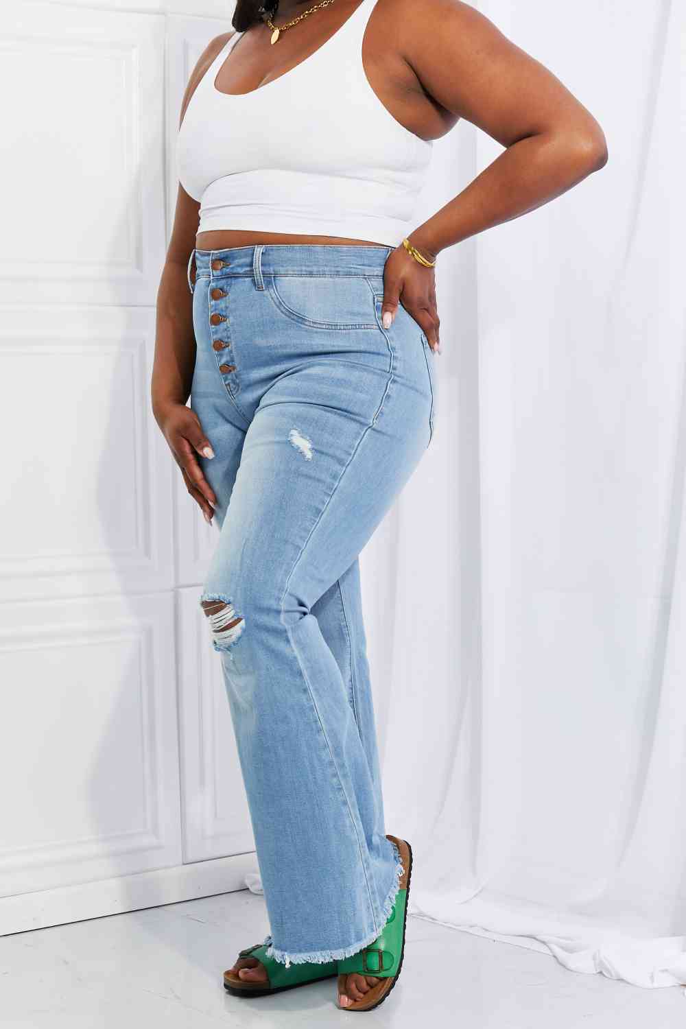 Vibrant MIU Full Size Jess Button Flare Jeans - lolaluxeshop