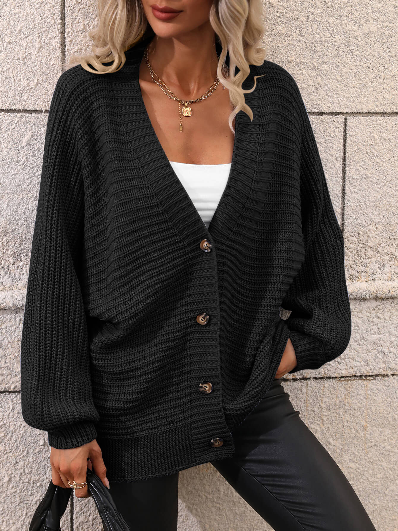 Button Down Horizontal-Ribbing Longline Cardigan - LOLA LUXE