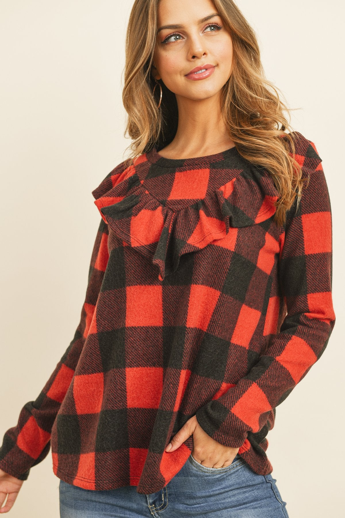 V-Shaped Brushed Plaid Ruffle Detail Long Sleeve Top - LOLA LUXE