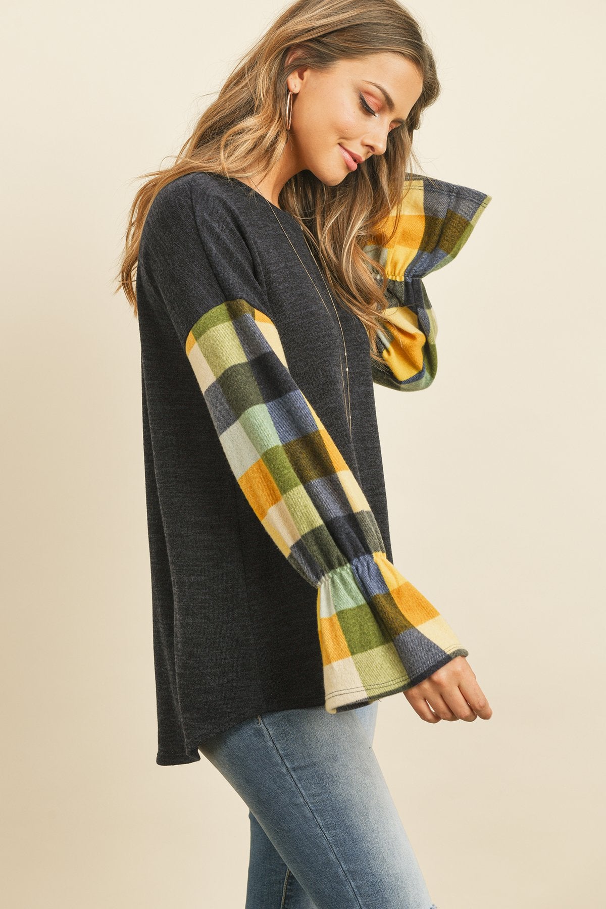 Plaid Bell Sleeves Mier Sweater - LOLA LUXE