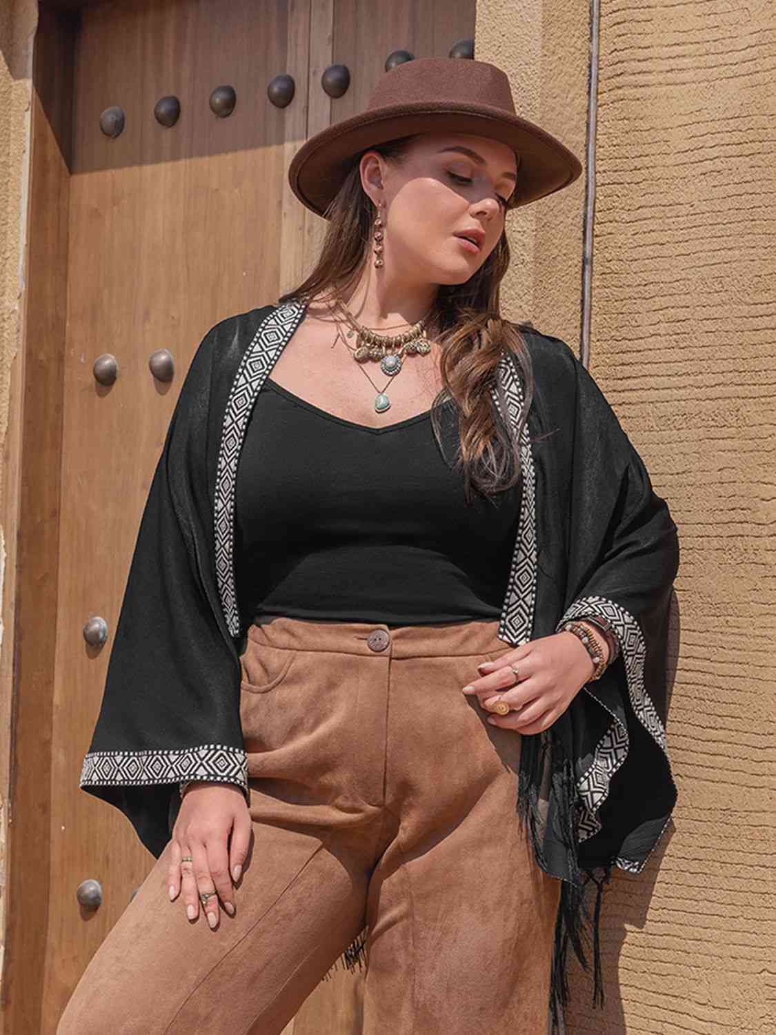 Plus Size Geometric Open Front Fringe Hem Cardigan - lolaluxeshop