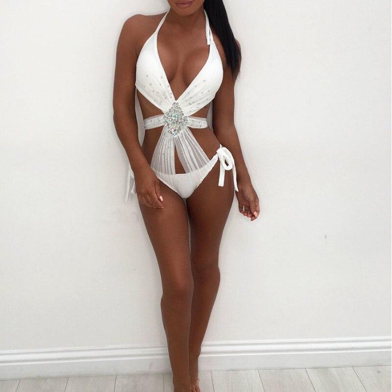 Women Sequin Rhinestone One Piece Summer Sexy Crystal Diamond Push-Up Bikini Set Swimsuit Swimwear BAthing Suit Halter B - LOLA LUXE