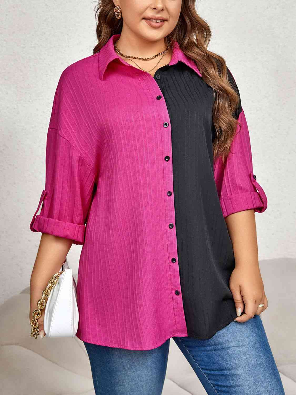 Plus Size Contrast Color Roll-Tap Sleeve Shirt - lolaluxeshop