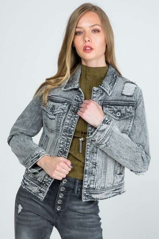 REGULAR GRAY DENIM JACKET WITH DESTROY - LOLA LUXE