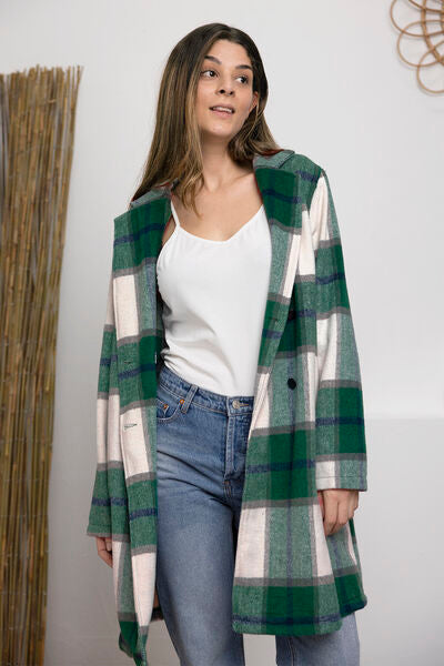 Double Take Full Size Plaid Button Up Lapel Collar Coat - lolaluxeshop