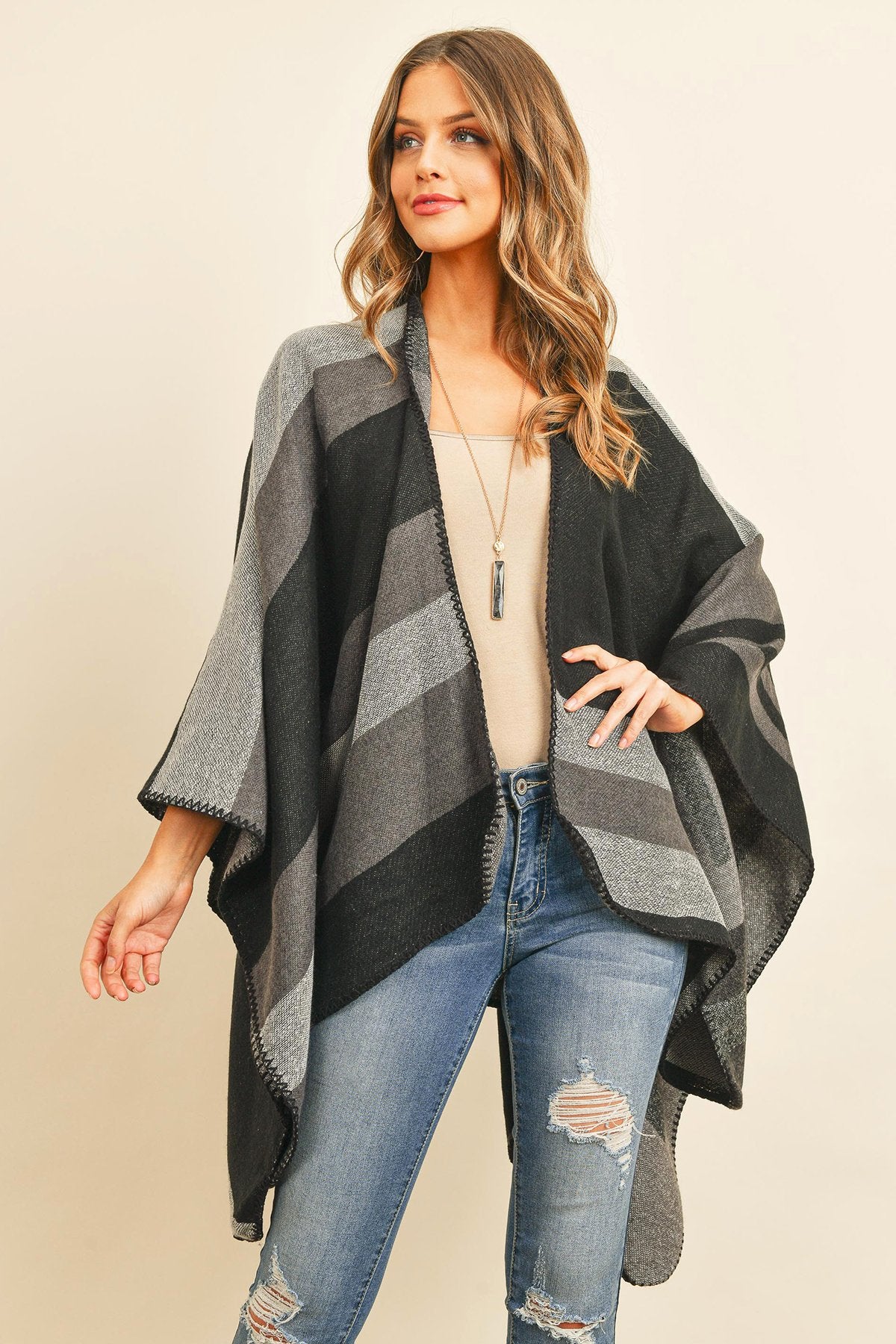 Hdf3152 - Block Pattern Open Front Kimono - LOLA LUXE