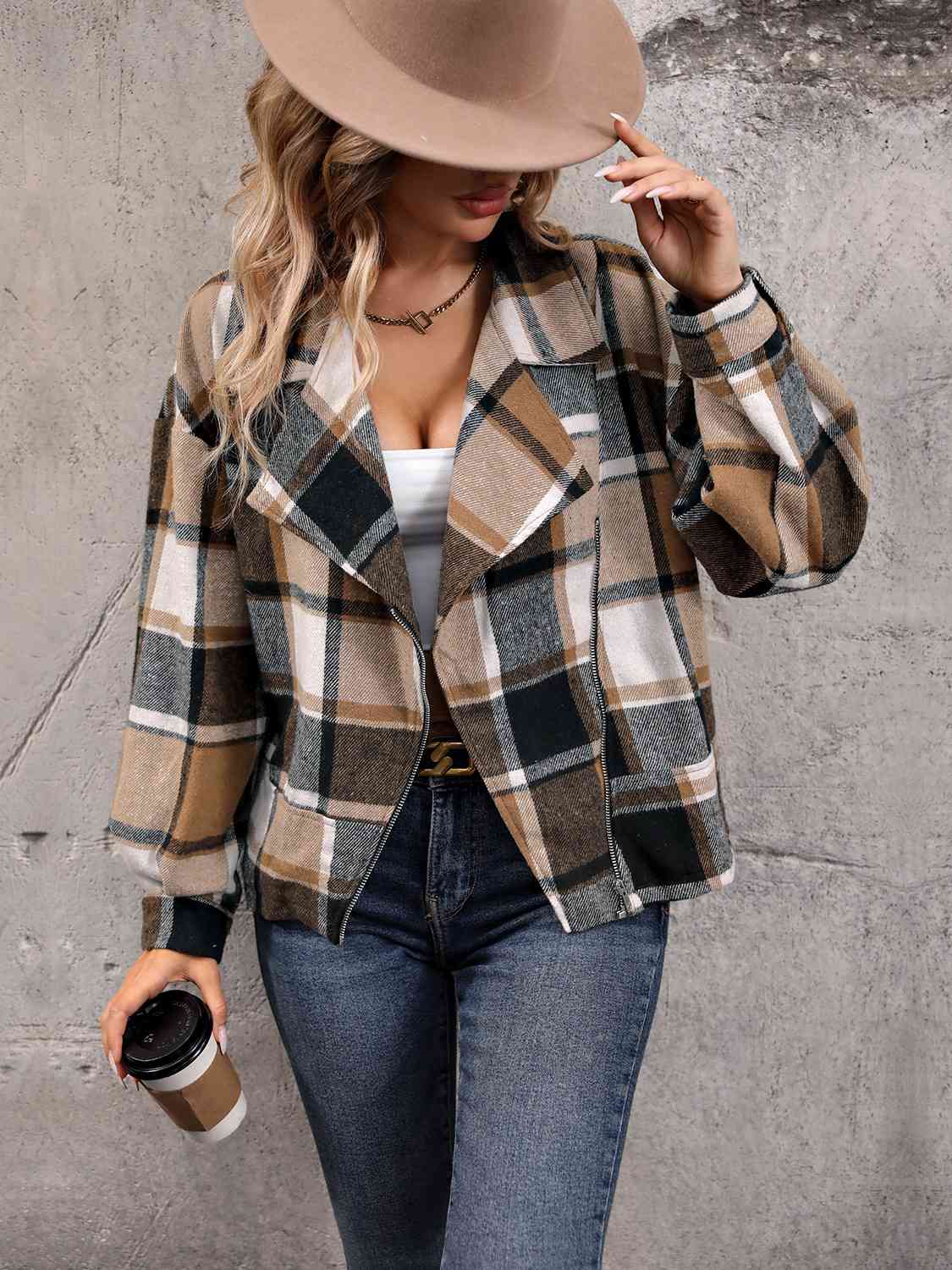 Plaid Collared Neck Long Sleeve Jacket - lolaluxeshop