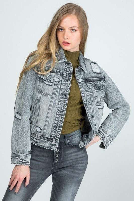 REGULAR GRAY DENIM JACKET WITH DESTROY - LOLA LUXE